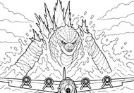 色塗り用イラスト - 飛行機に向かって - ゴジラ-0.0
