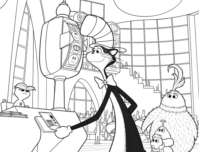 Image à colorier - Devant une étrange machine - Le Chat chapeauté 2026