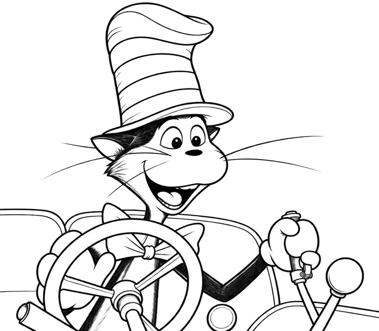 Coloriage - Au volant - Le Chat chapeauté 2026