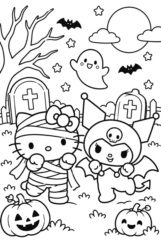 색칠 그림 - 헬로 키티와 쿠로미 - 헬로키티 할로윈 색칠공부