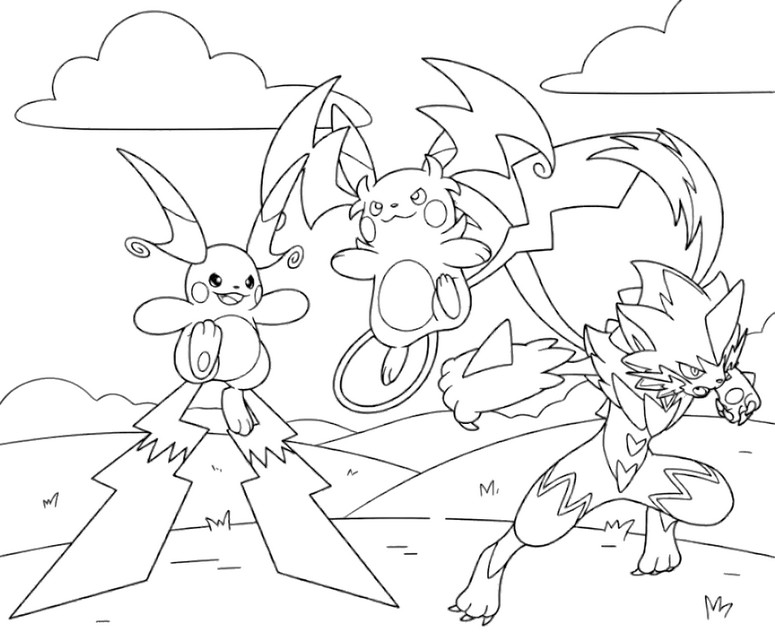 色を塗る絵 - メガライチュウX、メガライチュウY、メガゼラオラ - ポケモン メガディメンション
