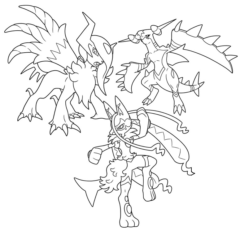 印刷用塗り絵 - メガルカリオZ、メガガブリアスZ、メガアブソルZ - ポケモン メガディメンション