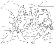 無料塗り絵 - メガライチュウX、メガライチュウY、メガゼラオラ - ポケモン メガディメンション