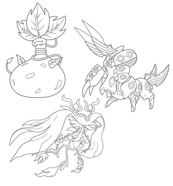 Coloring page Pokémon Mega Evolutions from Legends Z-A - Mega Victreebel, Mega Scolipede, and Mega Dragalge