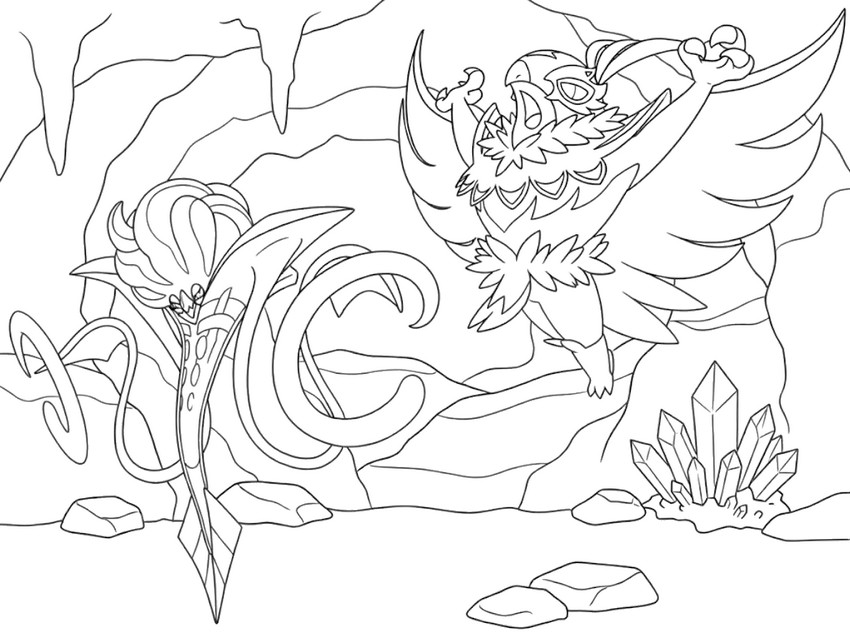 Coloring page Pokémon Mega Evolutions from Legends Z-A - Mega Hawlucha and Mega Malamar