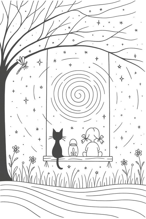 색칠공부 - 어린 소녀와 고양이 - 별 일 월