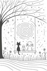Drawing to color - Little girl and cat - Stars Sun Moon