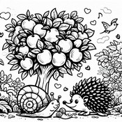 Coloring page A apple tree, a hedgehog and a snail
