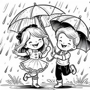ぬりえ 雨の中で踊る2人の子供