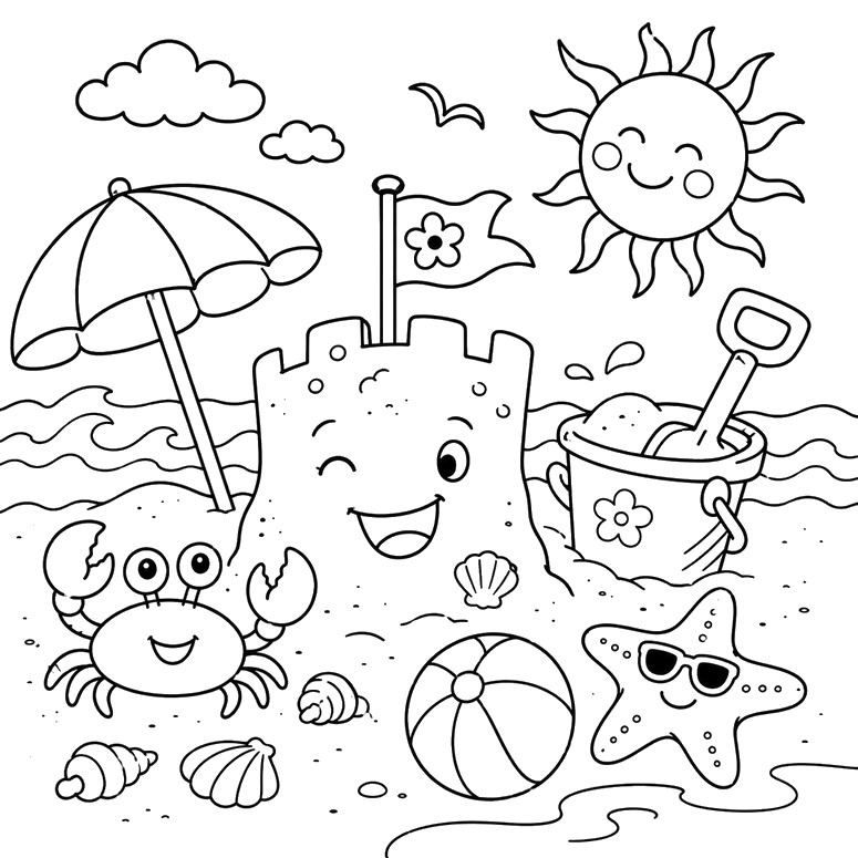 印刷用塗り絵 - 砂の城 - 夏