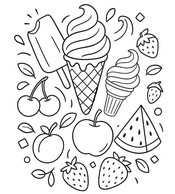Dibujo para imprimir - Helado y fruta - Verano