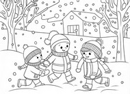 Dibujo para colorear - Los niños juegan en la nieve. - Invierno