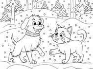 Dibujo para colorear - perro y gato - Invierno