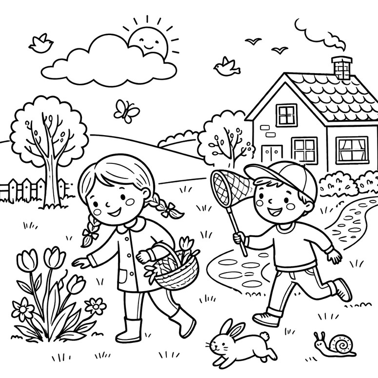 印刷用塗り絵 - 子供たち - 春