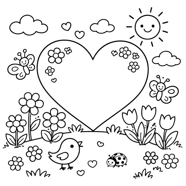 印刷用塗り絵 - 大きな心 - 春