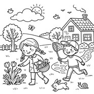 塗り絵用紙 - 子供たち - 春