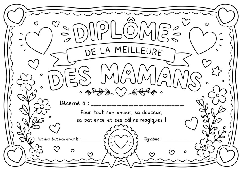 Image à colorier - Diplôme de la meilleure des mamans - Fête des mères