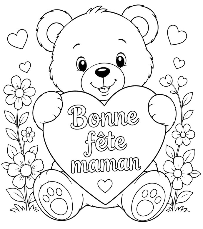 Feuille de coloriage - Ourson avec un cœur - Fête des mères