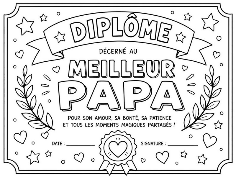 Coloriage - Diplôme de meilleur papa - Fête des pères