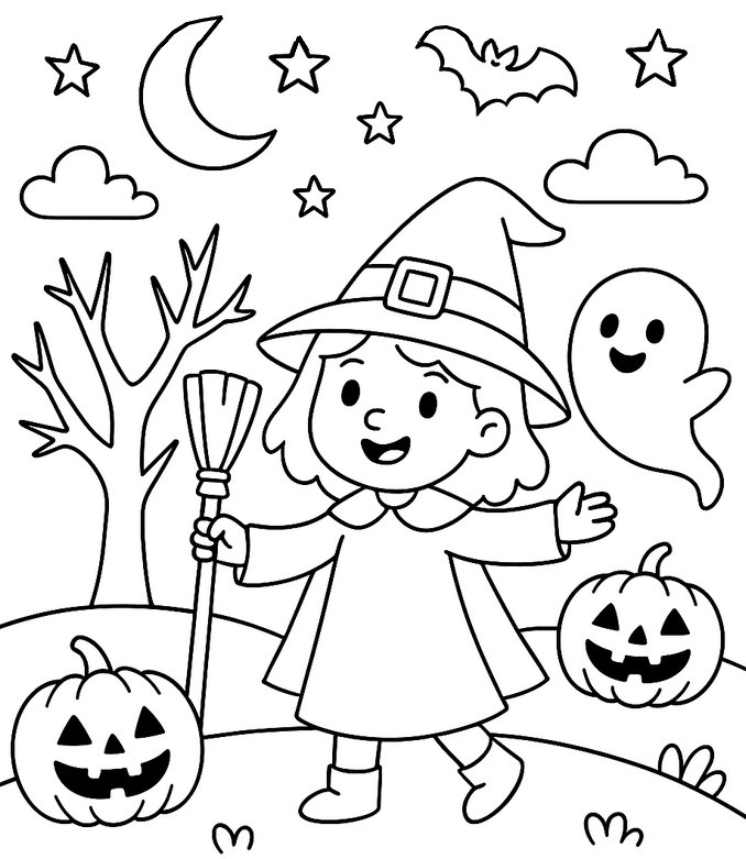 印刷用塗り絵 - 面白い魔女と幽霊 - ハロウィン
