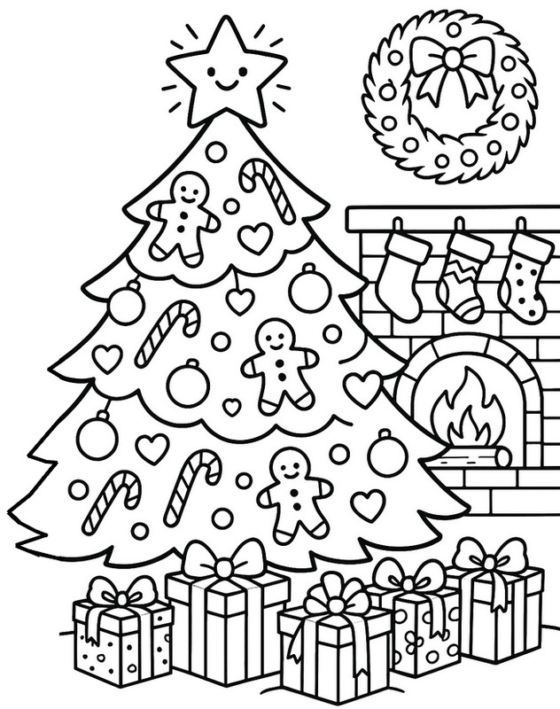 Hoja para colorear - Árbol de Navidad y chimenea - Navidad