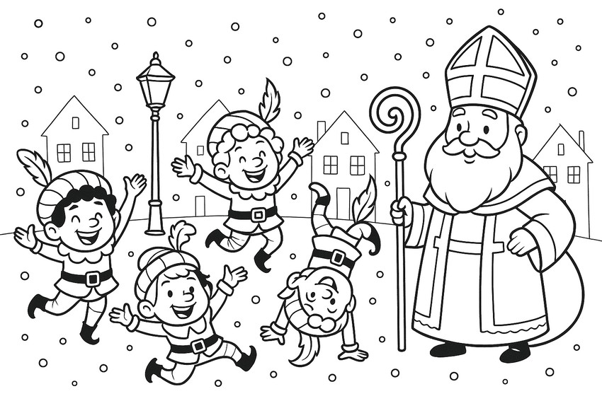 Ausmalbild zum Ausdrucken - Die Elfen - Nikolaus