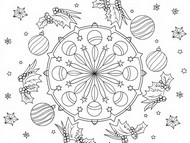 Teckning att färglägga - Järnek och julgranskulor - Jul Mandala