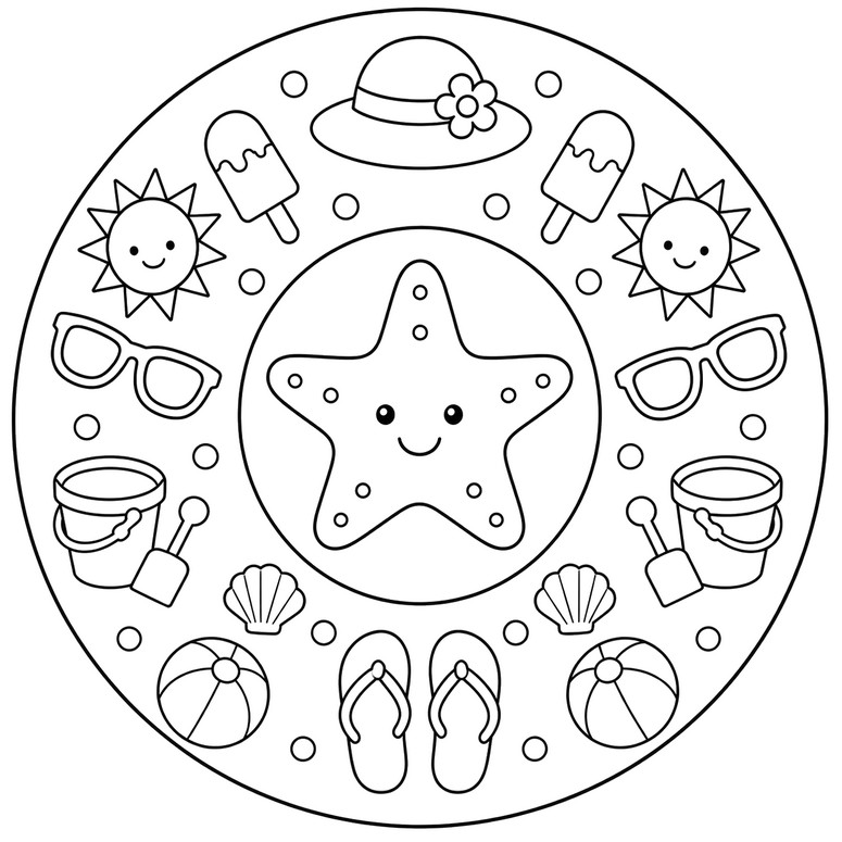 Free coloring page - Starfish and beach - Summer's Mandalas
