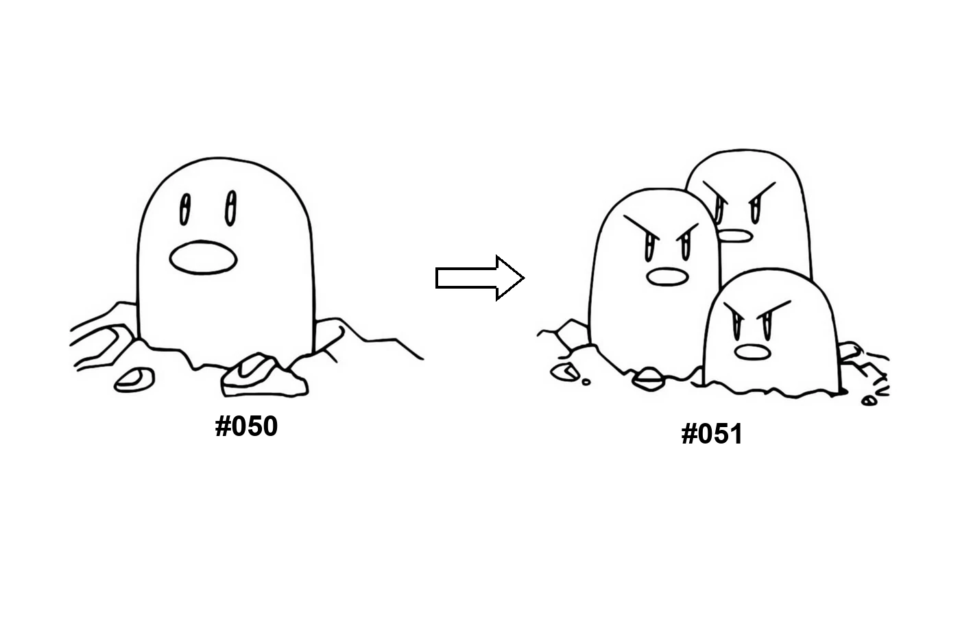 Pokémon evolution coloring page: Diglett, Dugtrio