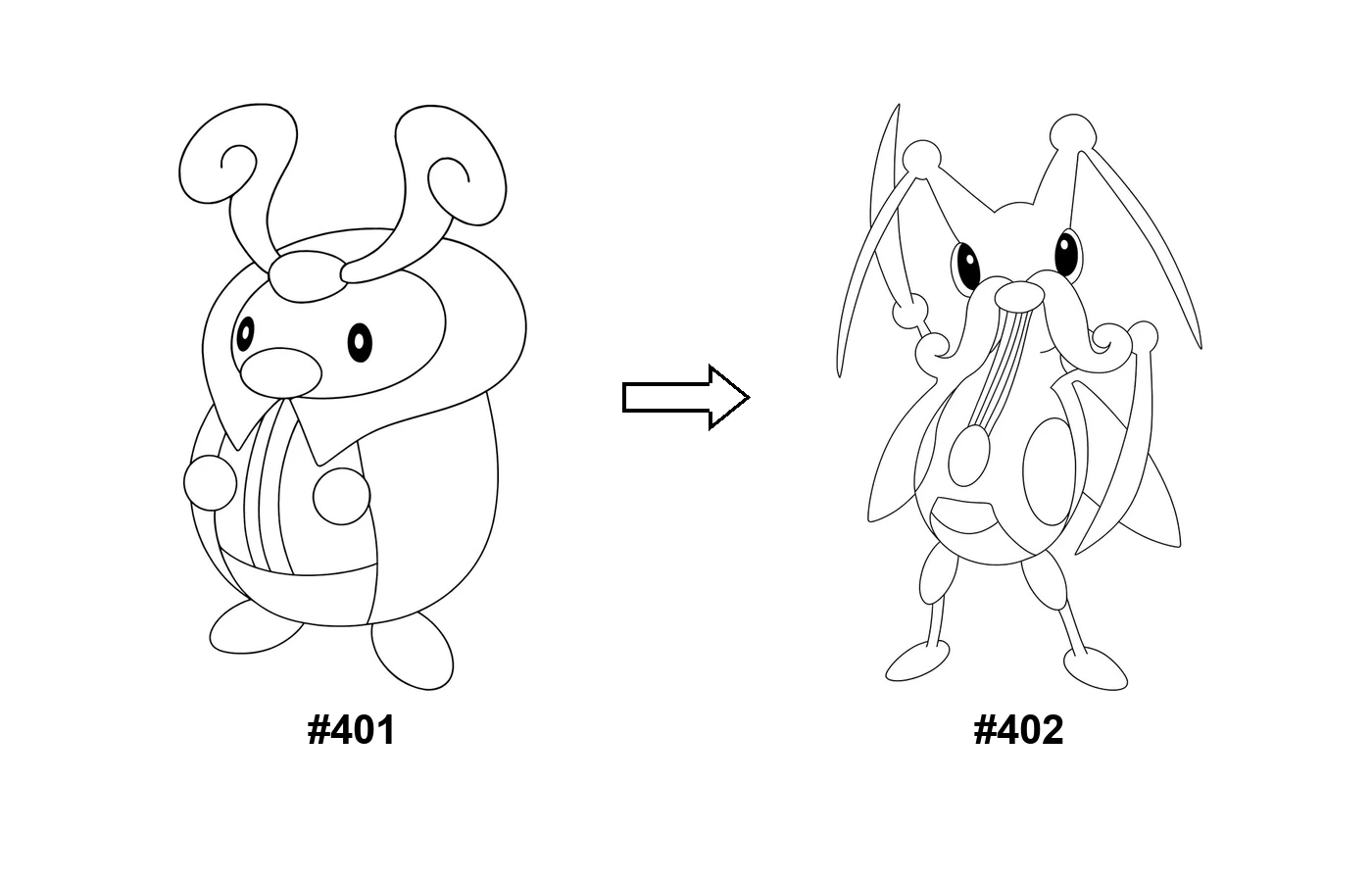Pokémon evolution coloring page: Kricketot, Kricketune